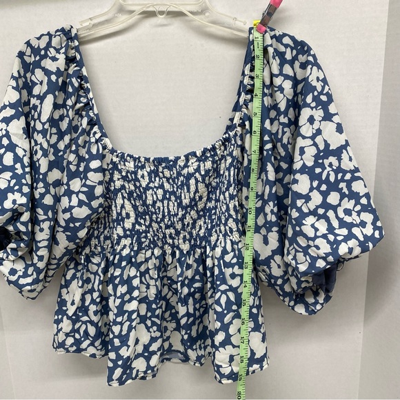 By Together Size S Blue & Cream Top Square Neck Gathered Bust Billowing Sleeves - Picture 10 of 12